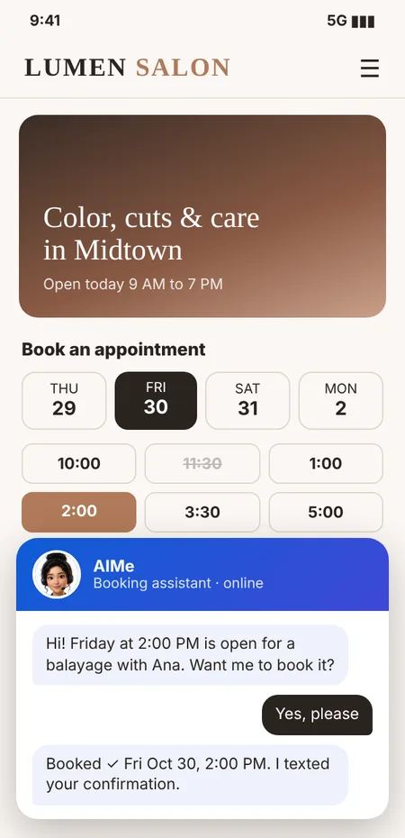 Salon website on a phone with an appointment schedule and AIMe helping a client book Friday at 2:00 PM